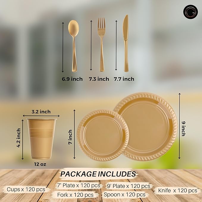 720 Piece Gold Disposable Dinnerware Set (120 Guests) Plastic Dinnerware Set Disposable - 120 Count, 9" Dinner Plates, 7" Dessert Plates, 12oz Cups, Forks, Knives & Spoons- Plastic Party Plates Set