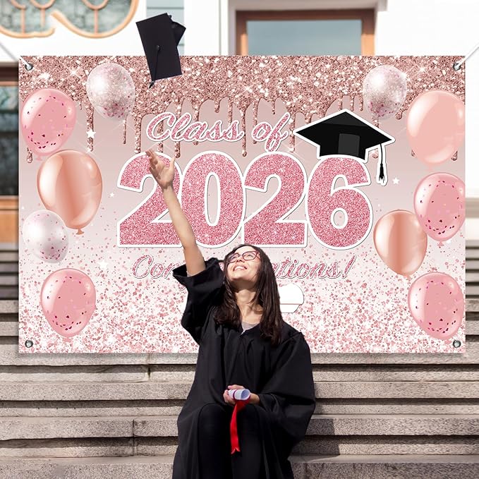 Pink Graduation Decorations Class of 2026, Rose Gold 2026 Graduation Party Decorations, Class of 2026 Paper Pompoms Paper Tassels Backdrop and Balloons for Class of 2026 Party Supplies