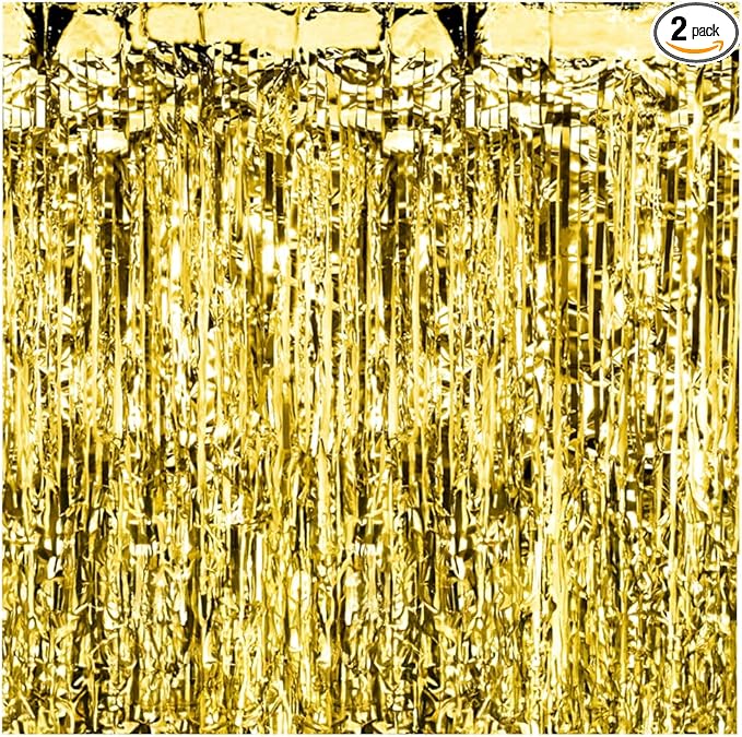 Pack of 2 Gold Foil Fringe Curtains – Gold Tinsel Backdrop for Photo Booth, Birthday, Wedding, Baby Shower, Bachelorette, Christmas & Holiday Party Decorations