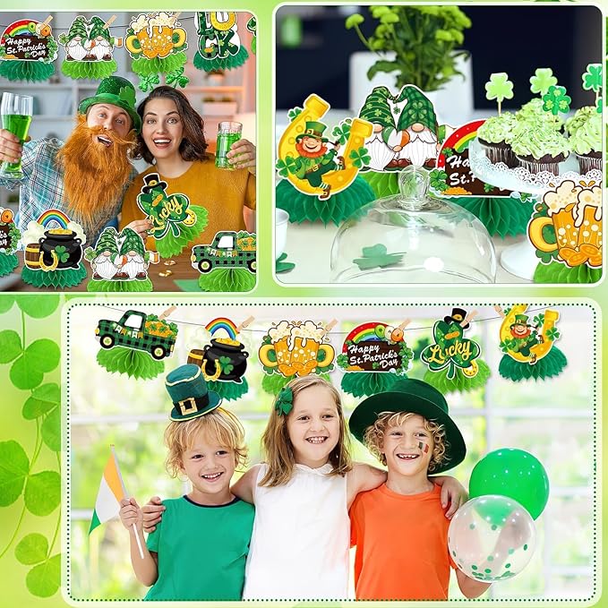 JULMELON St. Patrick's Day Table Decorations Honeycomb Centerpiece, 8pcs Shamrock Leprechaun Lucky Gold Coin Table Topper Irish Party Home Decor