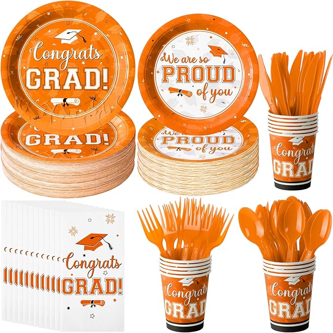 Graduation Party Supplies Congrats Grad Plates and Napkins Set Disposable Tableware Paper Plates Napkins Cups Knives Spoons Forks Straw for Class of 2025 Graduation Party Decorations Serve100 (Orange)
