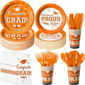 Graduation Party Supplies Congrats Grad Plates and Napkins Set Disposable Tableware Paper Plates Napkins Cups Knives Spoons Forks Straw for Class of 2025 Graduation Party Decorations Serve100 (Orange)