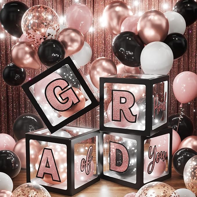 Graduation Party Decorations Class of 2026, 86PCS Pink Black Graduation Party Supplies High School College Grad Balloon Boxes with Letters, Foil Curtains, LED String Light, Balloon Garland Kit