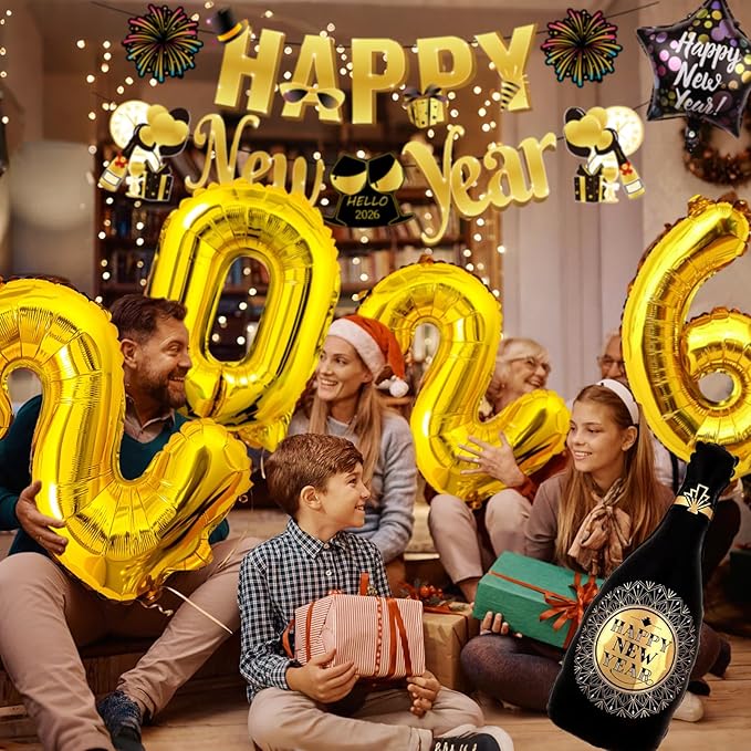 Happy New Year Party Decorations Supplies 2026- Hats, Banner, Glasses, Foil Balloon and Fringe Curtains, New Years Eve Black and Gold Party Decorations