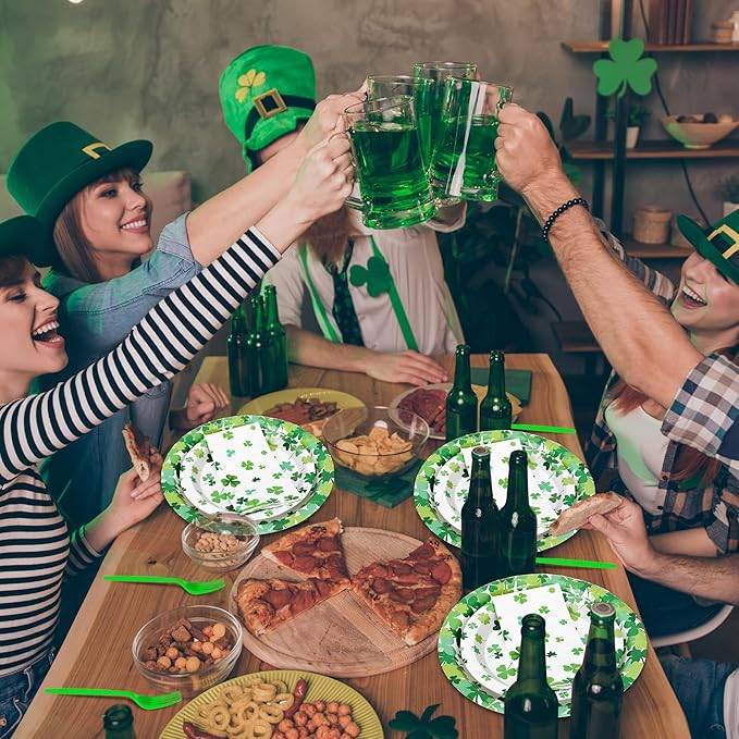 QZYL 120 PCS St Patricks Day Plates and Napkins, Disposable St Patricks Day Decor, 30 Sets Green Paper Plates Forks Dinner Plates Dessert Plates Shamrock Napkins, St Pattys Day Decorations
