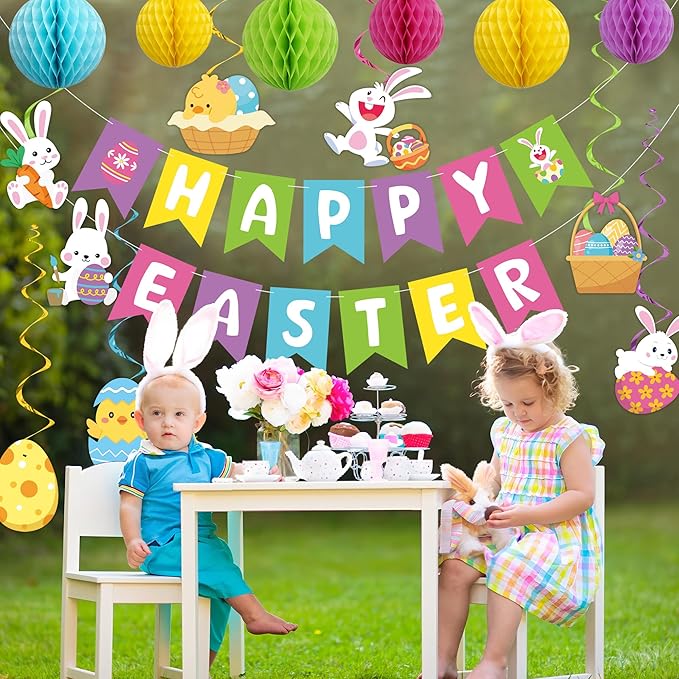 Pre-strung Easter Party Decorations Happy Easter Banner with Honeycomb Balls Egg Bunny Hanging Swirls Colorful Circle Dots Garland for Spring Party Home Classroom Office Hanging Decoration