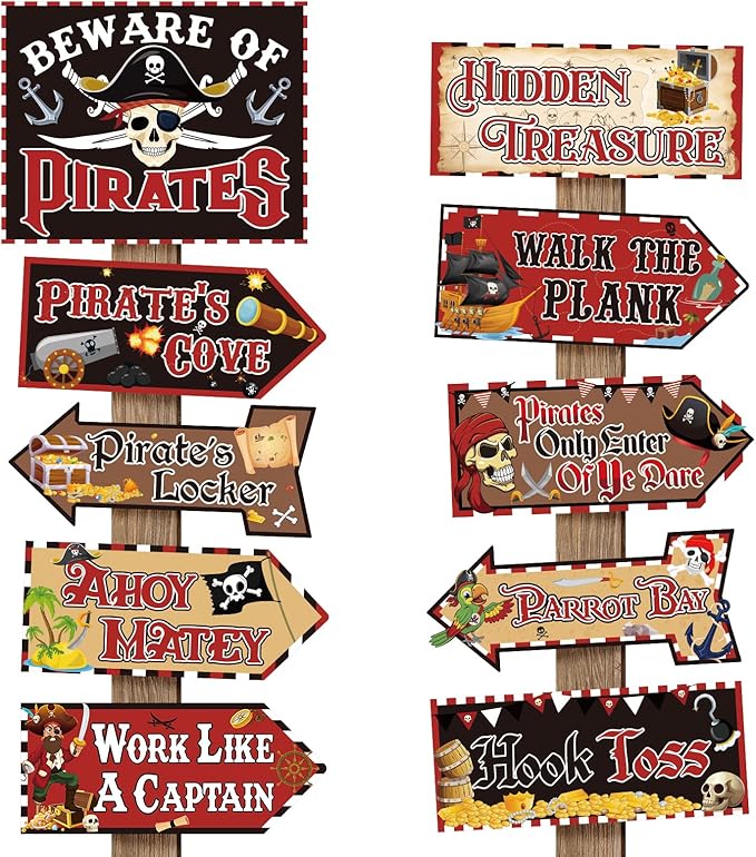 Hooqict 20 Pieces Pirate Party Decorations Sign Beware of Pirates Party Directional Signs Pirate Themed Birthday Party Banner Supplies