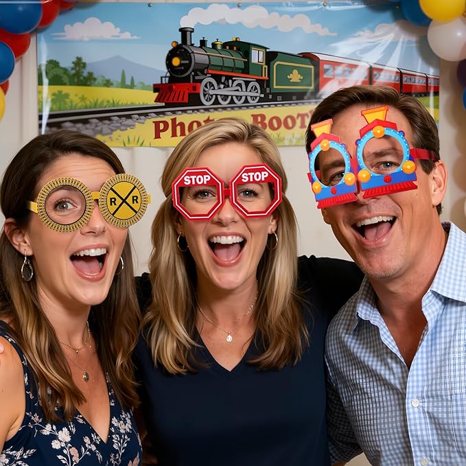 Pajean 32 Pcs Train Party Decoration Train Themed Paper Eyeglasses Photo Booth Props Transportation Party Supplies Paper Glasses Frame for Traffic Birthday Christmas Gift Decor Prizes