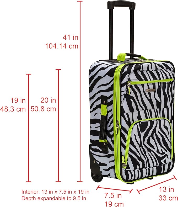 Rockland Fashion Softside 2 Piece Luggage Set, Expandable, (14" Tote/19" Upright), Lime Zebra