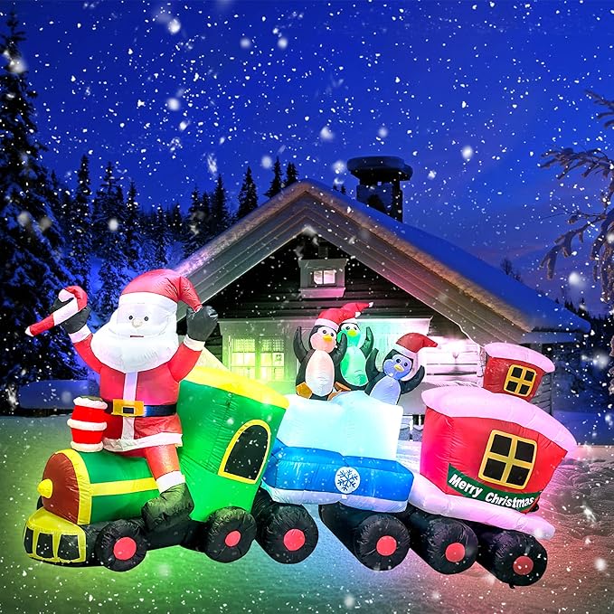 TRMESIA Christmas Inflatable Santa Train Decoration for Outdoor, 8ft Long Santa Claus Penguin Train Blow up Decoration with Flashing Lights Christmas Indoor Outdoor Yard Holiday Display Party Decor