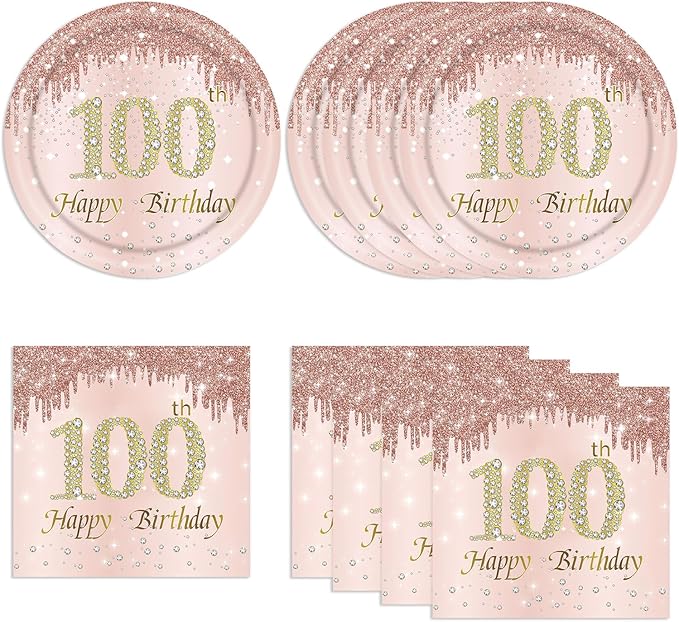 100th Rose Gold Birthday Plates and Napkins, 9 Inch Pink Rose Gold Disposable Dinner Dessert Plates Happy 100th Birthday Party Supplies Decorations for Girls Women