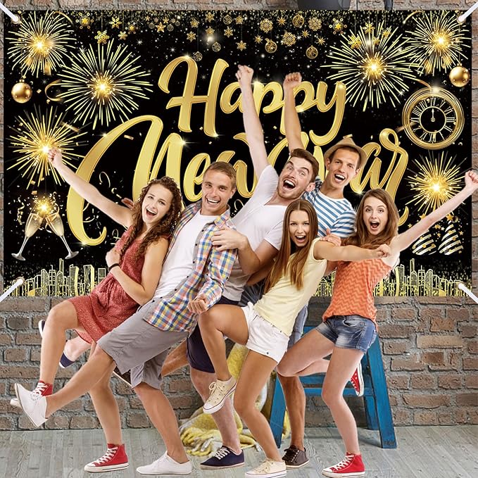 Famoby Happy New Year Fabric Sign Poster Banner Backdrop with Pattern Firework Champagne for Photo Booth Background New Year Party Decorations Supplies