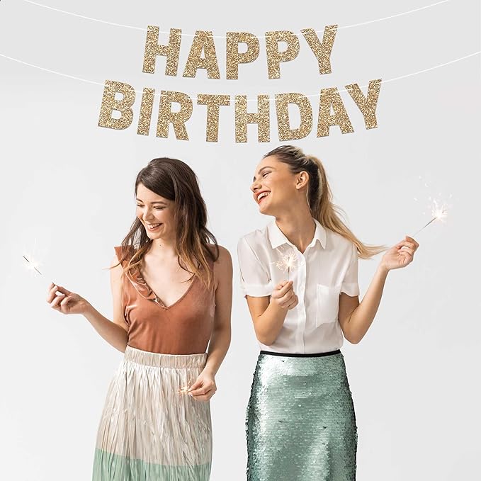 Pre-strung Happy Birthday Banner - No DIY - Gold Glitter Birthday Party Banner for Men & Women - Pre-strung Garland on 8 ft Strands - Gold Bday Party Decorations & Decor. Did We Mention No DIY