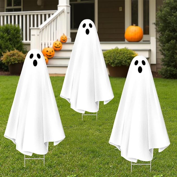Halloween Decorations Outdoor: 3ct Extra Large Scary Ghost Yard Signs with Stakes, Corrugated Plastic, Outside Halloween Decor White Ghost for Kids Home School Yard Lawn Haunted House