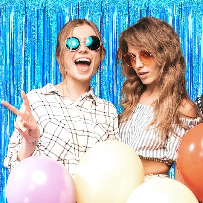 3 Pack Lake Blue Foil Fringe Curtain Backdrop, 3.28Ft x 8.2Ft Metallic Tinsel Foil Fringe Streamer Curtains for Photo Booth, Mother's Day, Easter, Birthday, Wedding Party Decorations