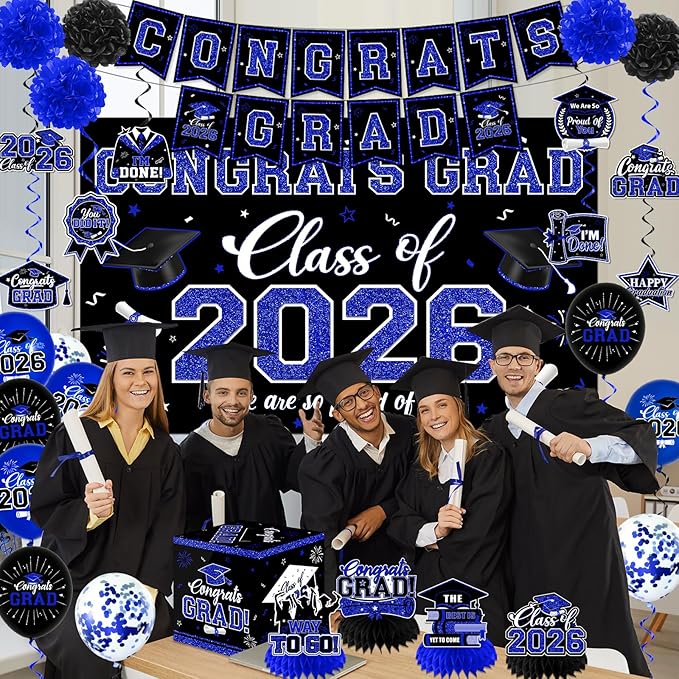 Graduation Decorations Class of 2026,Blue Graduation Decorations 2026- Congrats Grad Decorations Banner ＆ Hanging Swirls,Graduation Card Box,Paper Pompoms,Balloons,Porch Sign for College Grad Party