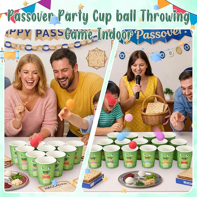 Passover Game for Family with 60 Frog Cups 24 Colorful Balls 10 Plagues of Egypt Party Supplies Throwing Toss Game for Passover Pesach Seder Jewish Holiday Gathering Indoor Outdoor Activitie
