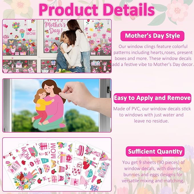 90 PCS Mothers Day Decorations, 9 Sheets Mothers Day Window Clings, Double-Sided Flower Window Clings with Carnations Hearts Boxes Designs, Mom Decorations for Glass Home Office School Party