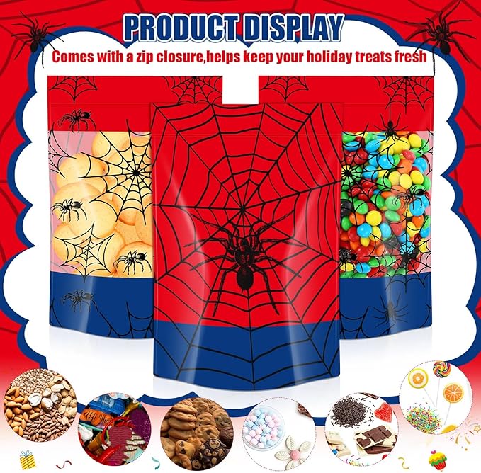 Fuutreo 50 Pcs Spider Gift Bags Plastic Cobweb Birthday Sealed Pouches Resealable Red Blue Spider Bags Party Favor Pouches for Home Candy Small Gift Party Wrapping Supplies Decoration