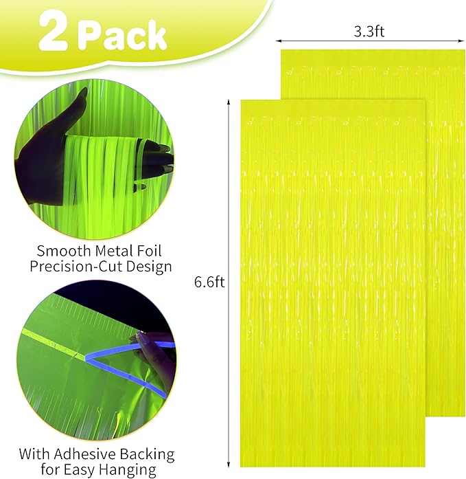 Glow in The Dark Tinsel Curtains 2 Pack - 3.3x6.6ft UV Reactive ‌Fluorescent Party Backdrop for Neon, Birthday, Pride Decorations, Pre-Taped, Lightweight Waterproof (Yellow)