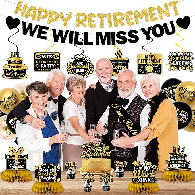 Retirement Party Decorations Men Women, Black Gold Happy Retirement Decorations, Pre-Strung Happy Retlrement & We Will Miss You Banner, Balloons, Hanging Swirl, Cake Topper, Retired Sash Honeycomb Set