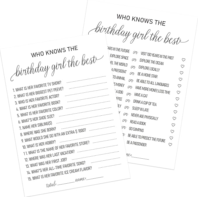 2 Sides Printed Birthday Party Game, Who Knows The Birthday Girl Best Game-Set of 30, How Well Do You Know the Birthday Girl, Bday Questionnaire Party Ideas-WKBG04