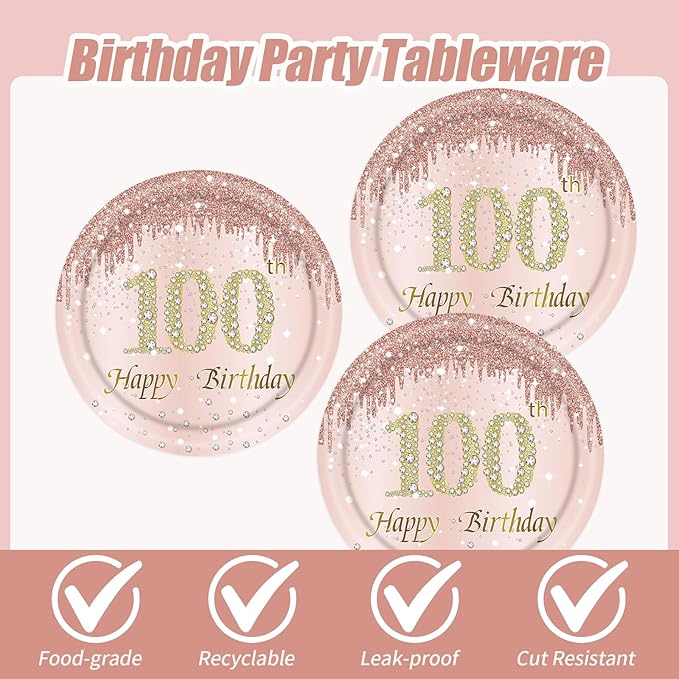 100th Rose Gold Birthday Plates and Napkins, 9 Inch Pink Rose Gold Disposable Dinner Dessert Plates Happy 100th Birthday Party Supplies Decorations for Girls Women