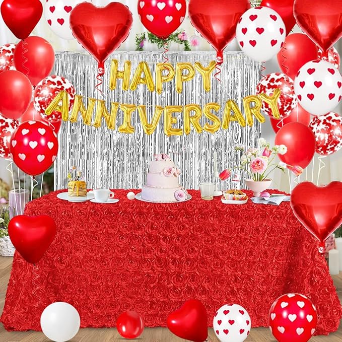 Happy Anniversary Decorations - 118PCS Anniversary Party Decorations Kit with 16" Happy Anniversary Letter Balloons 1000PCS Red Silk Rose Petals, Balloon Arch Garland, Red Heart Balloons