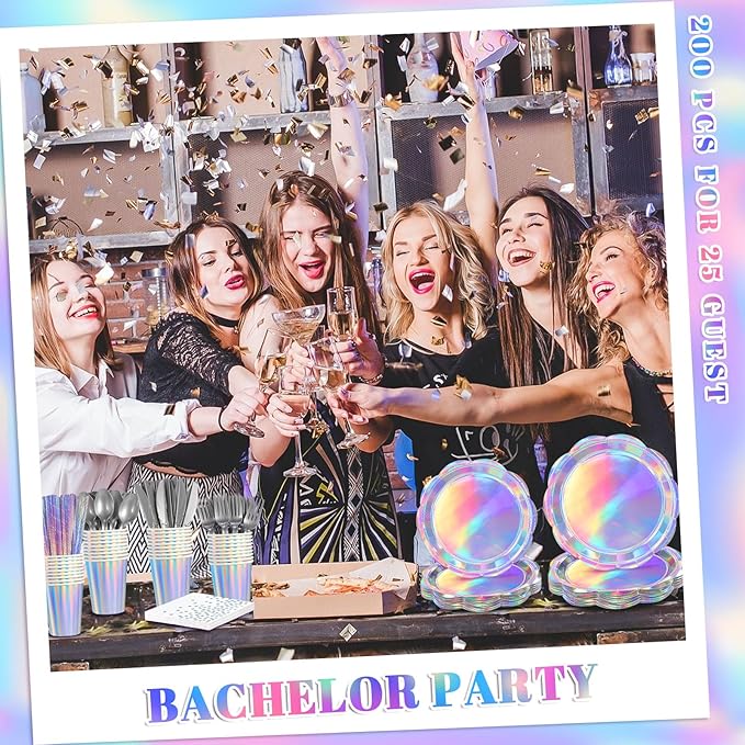 200 Pcs Iridescent Party Supplies Decorations, 25 Guest Scalloped Iridescent Graudation Plates and Napkins Bachelorette Decorations Holographic Tableware for Birthda Bridal Wedding Disco