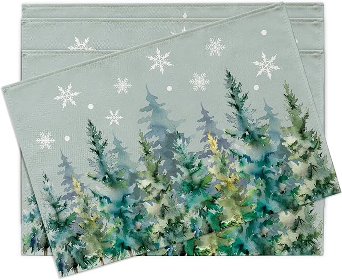 Winter Pine Tree Placemats Set of 4, Watercolor Forest Snowflake Dining Place Mats Table Decor, Christmas Woodland Seasonal Home Kitchen Decoration 12 x 18 Inches