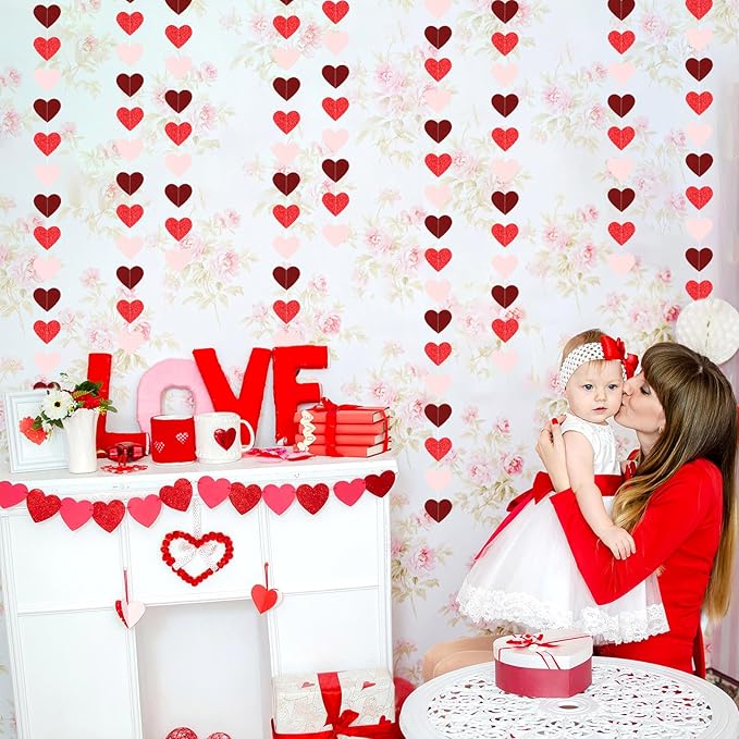 Valentines Day Party Decorations Pink-Red Heart-Garland - 52ft Burgundy Proposal Special Night Galentines Hanging Streamers Banner,Girl Romantic Wedding Anniversary Baby Bridal Shower Engagement Decor