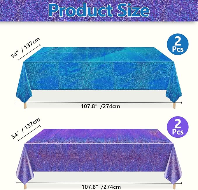 2Pcs Blue & 2Pcs Purple Holographic Tablecloths Rectangular Blue and Purple Iridescent Shimmer Metallic Table Covers for Under The Sea Ocean Mermaid Anniversary Party Supplies, 54 x 108inch