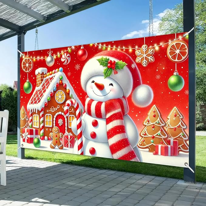 Christmas Snowman Gingerbread House Banner 70.9 x 43.3 Inch Red Holiday Backdrop with Candy Canes and Presents for Kids Xmas Party Decoration Indoor Outdoor