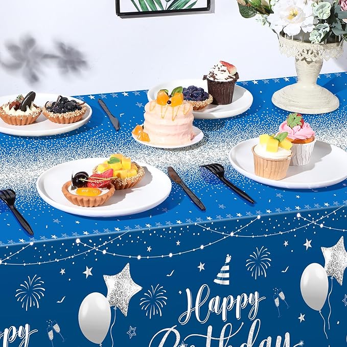 Tudomro 3 Pcs Happy Birthday Tablecloths Happy Birthday Party Decorations Plastic Table Cover Rectangular Cloths for Women Men Baby Shower Party Supplies, 108 x 54 Inch (Blue Silver)