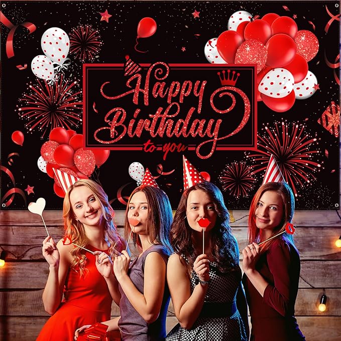 Blulu Happy Birthday Backdrop Banner Sign Poster Large Fabric Glitter Balloon Fireworks Sign Photo Backdrop Background for Birthday Party Decoration Supplies, 72.8 x 43.3in(Black and Red)