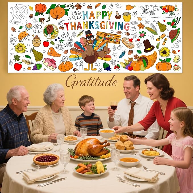 Thanksgiving Giant Coloring Poster,72 x 30 Inches Large Fall Thanksgiving Tablecloth/Banner for Kids DIY Coloring Tablecovers Gifts Turkey Pumpkin Fruits autumn School Classroom Home Party Supplies