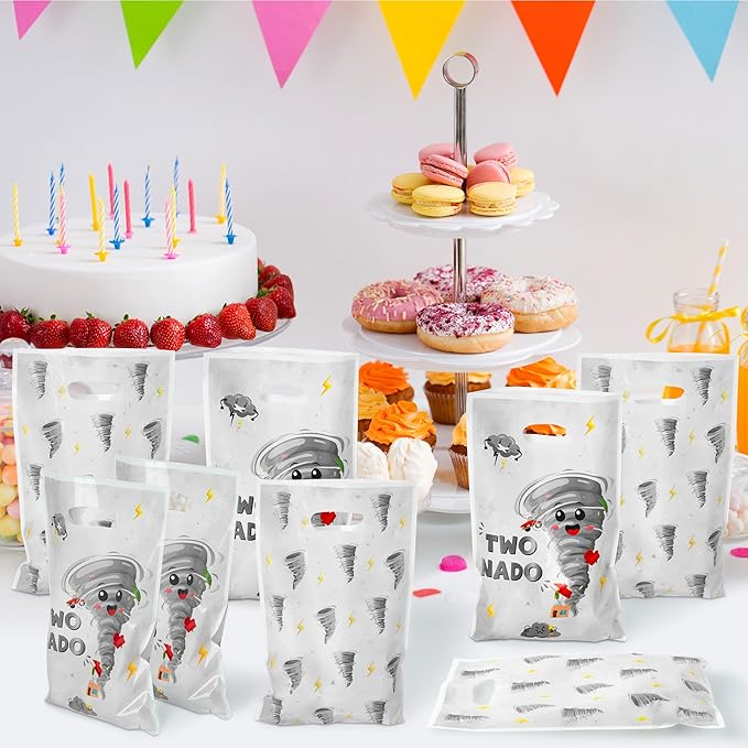 Two Nado Party Favor Bags - 50Pcs Gray Tornado Patterns Goody Candy Treat Bags for Kid, Cute Two Nado Theme Plastic 2nd Birthday Party Favor Supplies Decorations for Baby Boys Girls Baby Shower