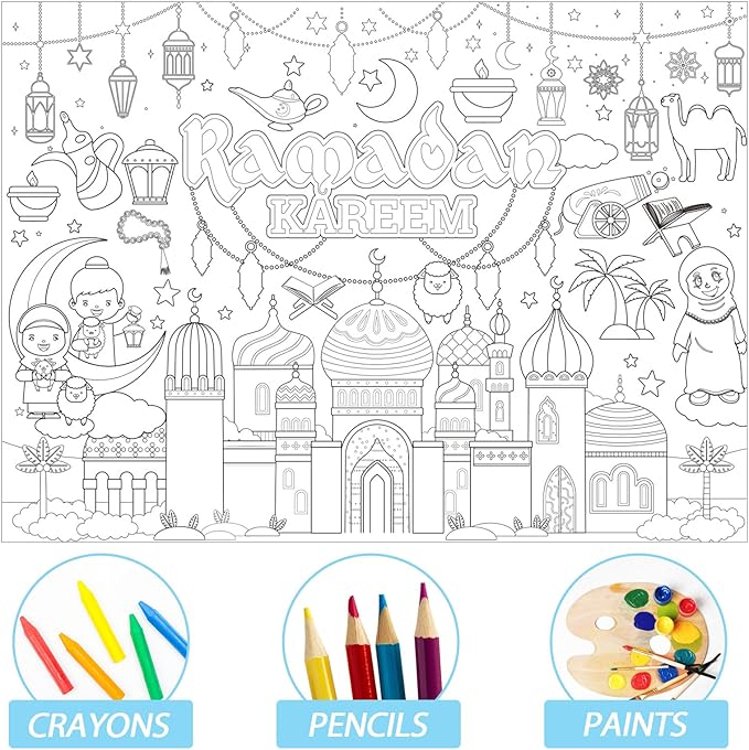 ZOIIWA Ramadan Mubarak Coloring Poster for Eid Giant Coloring Poster Large Ramadan Kareem Coloring Tablecloth Jumbo Coloring Book for Classroom Home Birthday Party Supplies Favor 31.4 x 43.3 Inch