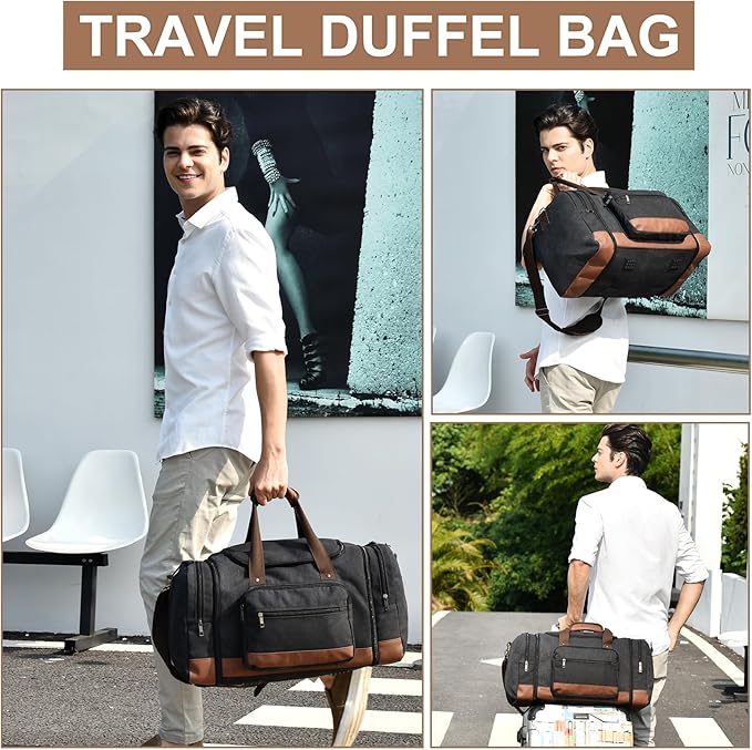 Litvyak Duffle Bag for Travel, Large 60L Canvas Travel Duffel Bags Overnight Weekend Gym Carry On Luggage Bag for Men & Women(Black)