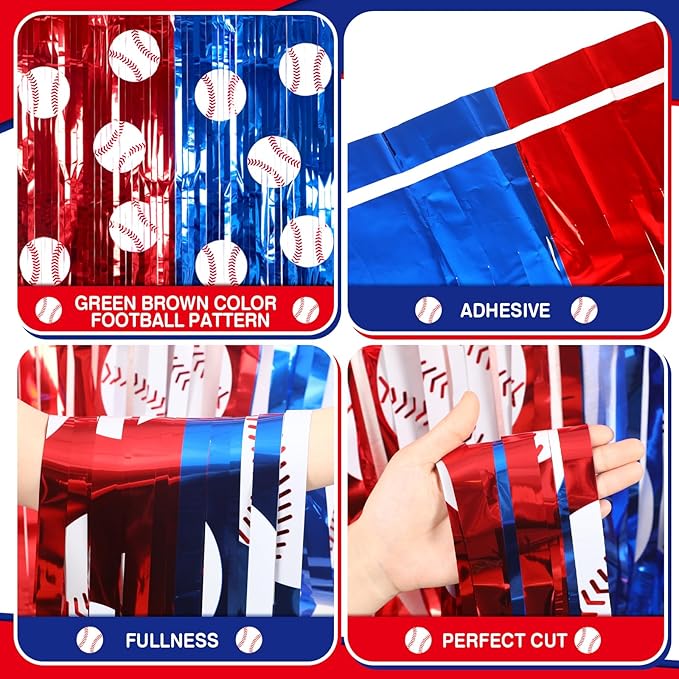 Soulchen 2 Pack Baseball Birthday Party Decorations 3.3 x 6.6 ft Baseball Backdrop Red Blue White Sports Foil Fringe Curtain Photo Props Sports Birthday Banner Party Supplies