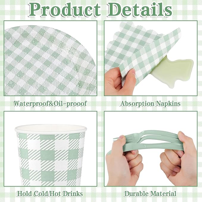 175 Pcs Gingham Paper Plates, Sage Green Baby Shower Decorations Include Sage Green Plates and Napkins Disposable Checkered Dinnerware Set for Bridal Shower, Wedding, Birthday