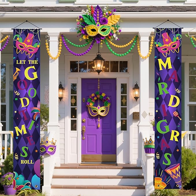 OHOME Mardi Gras Decorations - Masquerade Party Porch Banner | Mardi Gras Decorations for Indoor Outdoor Outside - New Orleans Party Holiday Hanging Backdrop Sign Favors Supplies for Home Wall Door