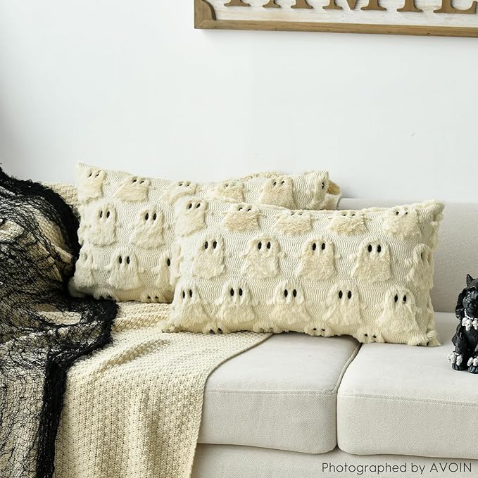 AVOIN colorlife Halloween Ghost Beige Throw Pillow Cover Set of 2, 12 x 20 Inch Soft Plush Faux Fur Jacquard Spooky Cushion Case Decoration for Sofa Couch