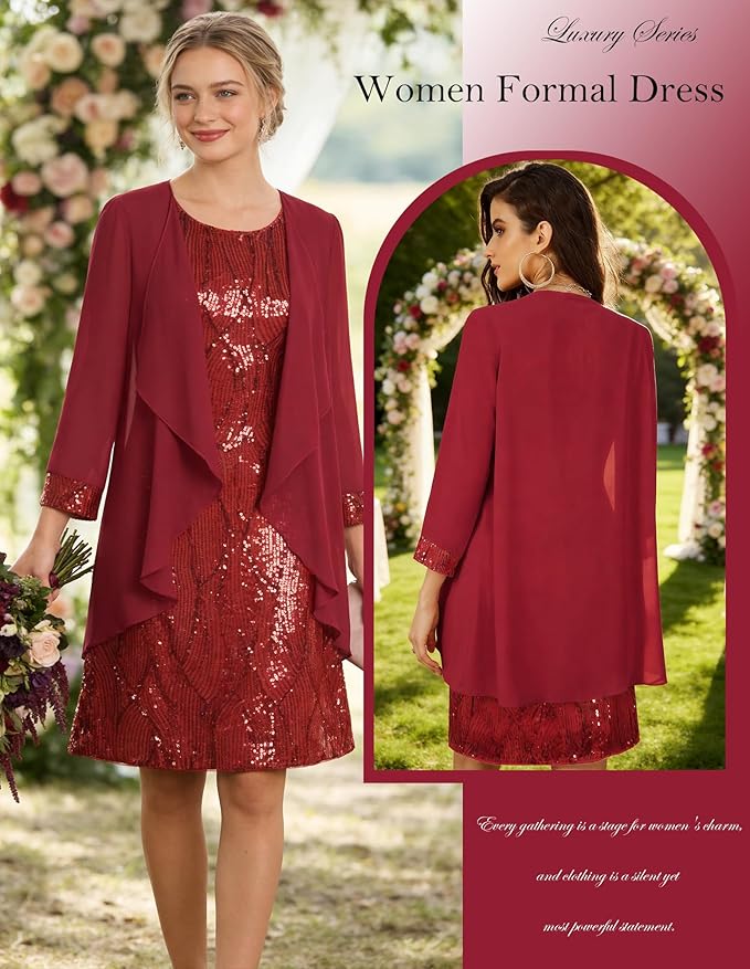 GRACE KARIN Women's Sequin Dress - Wedding Guest & Mother of The Bride Formal Dress - Two Piece Knee Length