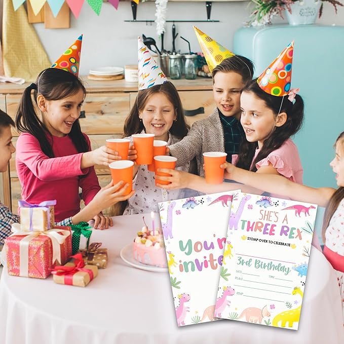 3RD Birthday Party Invitations- She’s A Three-Rex Stomp Over to Celebrate - 20-Pack of 4''x6'' Invite Cards with Envelopes, Double-Sided Fill In Birthday Party Celebrate Supplies & Decor For Girls-A11