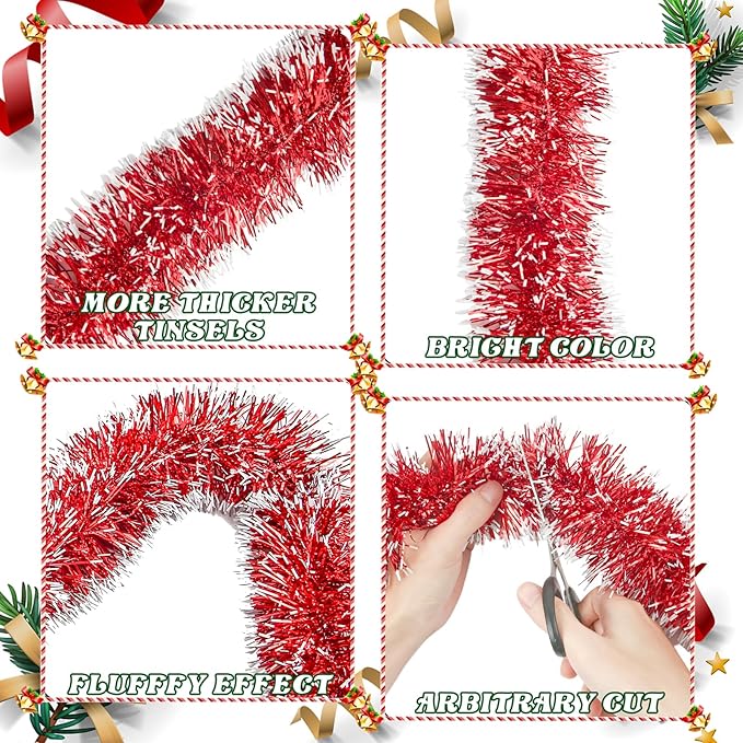 100Ft Christmas Garland - Xmas Tree Decorations, Christmas Tinsel Decorations for Indoor&Outdoor Home Decor, Christmas Metallic Twist Garland Ceiling Hanging Decorations for New Year(Red)