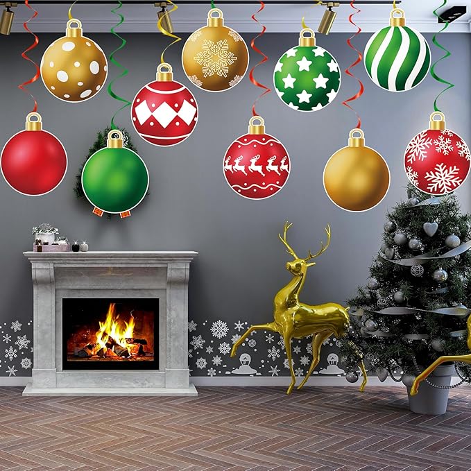 YQUQWN 48 Pcs Christmas Hanging Swirl Decorations - Red, Green, Gold Snowflake Elk Balls Swirls for Holiday Parties Christmas Tree Home Office Classroom - Xmas Winter Holiday Ceiling Decor