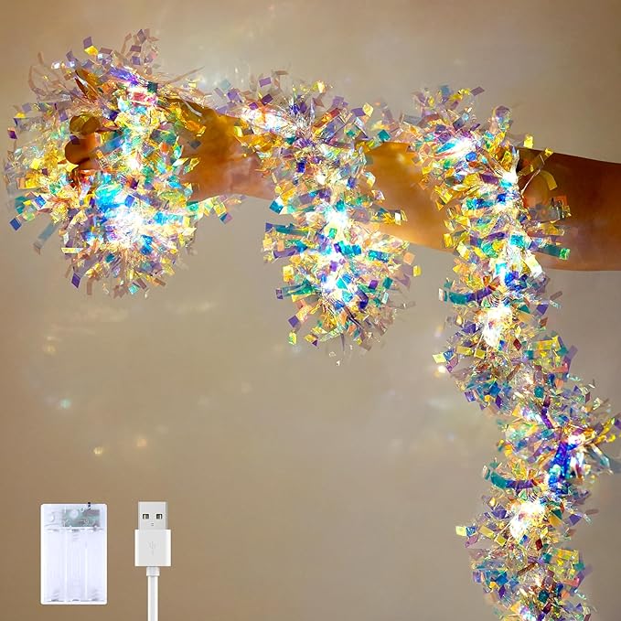 Christmas Garland with Lights, 16.4FT Iridescent Tinsel Garlands Battery Operated & USB, Shiny Foil New Year Decorations, Garland for Birthday Holiday New Years Eve Party Supplies Hanging Home Decor