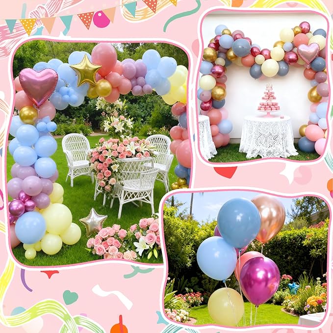 Pastel Balloons, Spring Balloons 50pcs 12 Inch Magenta Macaron Pastel Yellow Blue Pink Blue Purple Metallic Gold for Girl Garden Birthday Rainbow Theme Party Spring Baby Shower Wedding Decorations