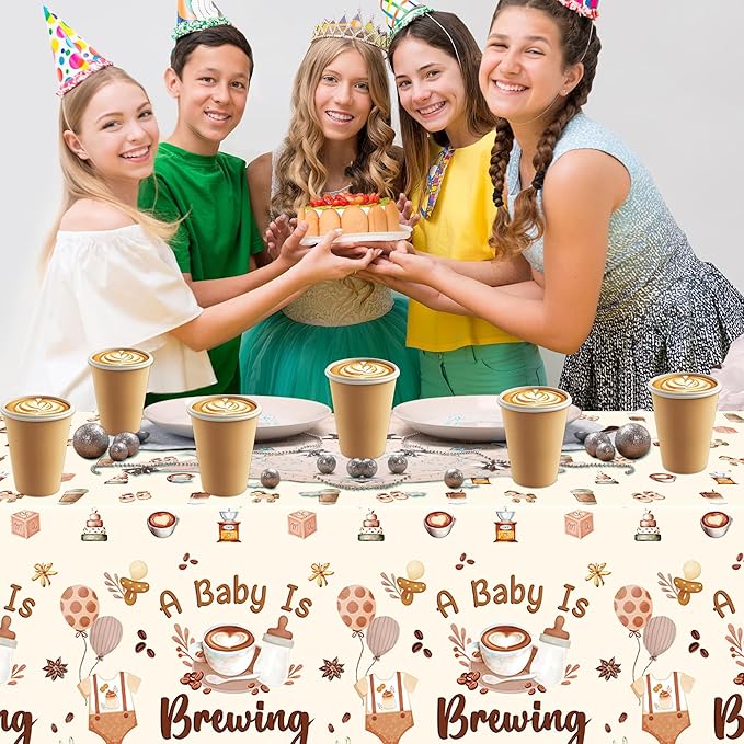 K1tpde Coffee Themed Baby Shower Tablecloths - 3PCS A Baby is Brewing Party Disposable Tablecloths for Kids, Coffee Beans Shower Welcome Baby Decorations Pregnancy Diaper Gender Reveal Party Supplies